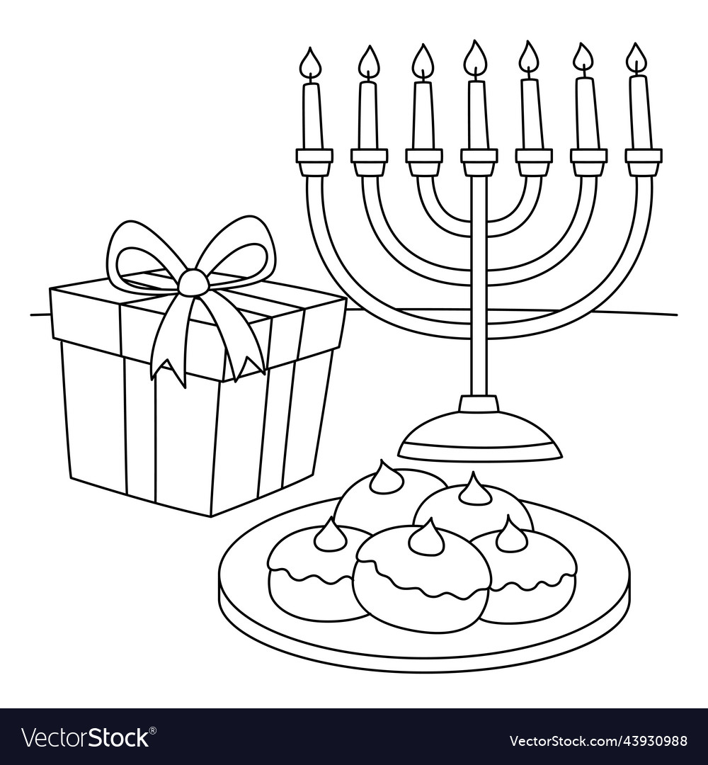 Hanukkah sufganiyah gift menorah coloring page vector image