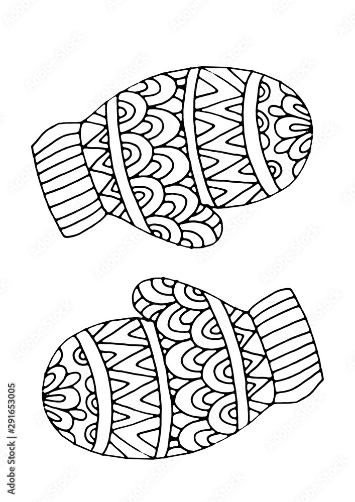 Two mittens mantles coloring page hand drawing coloring book for children and adults beautiful drawings with patterns and small details one of a series of painted pictures illustration