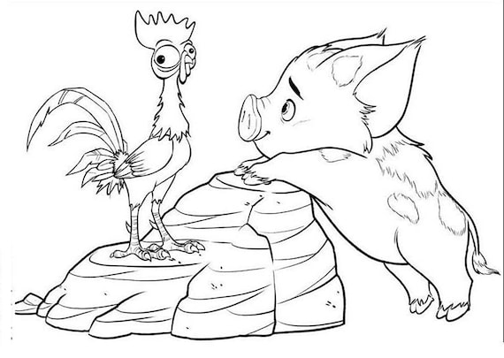 Hei hei and pua from moana coloring page