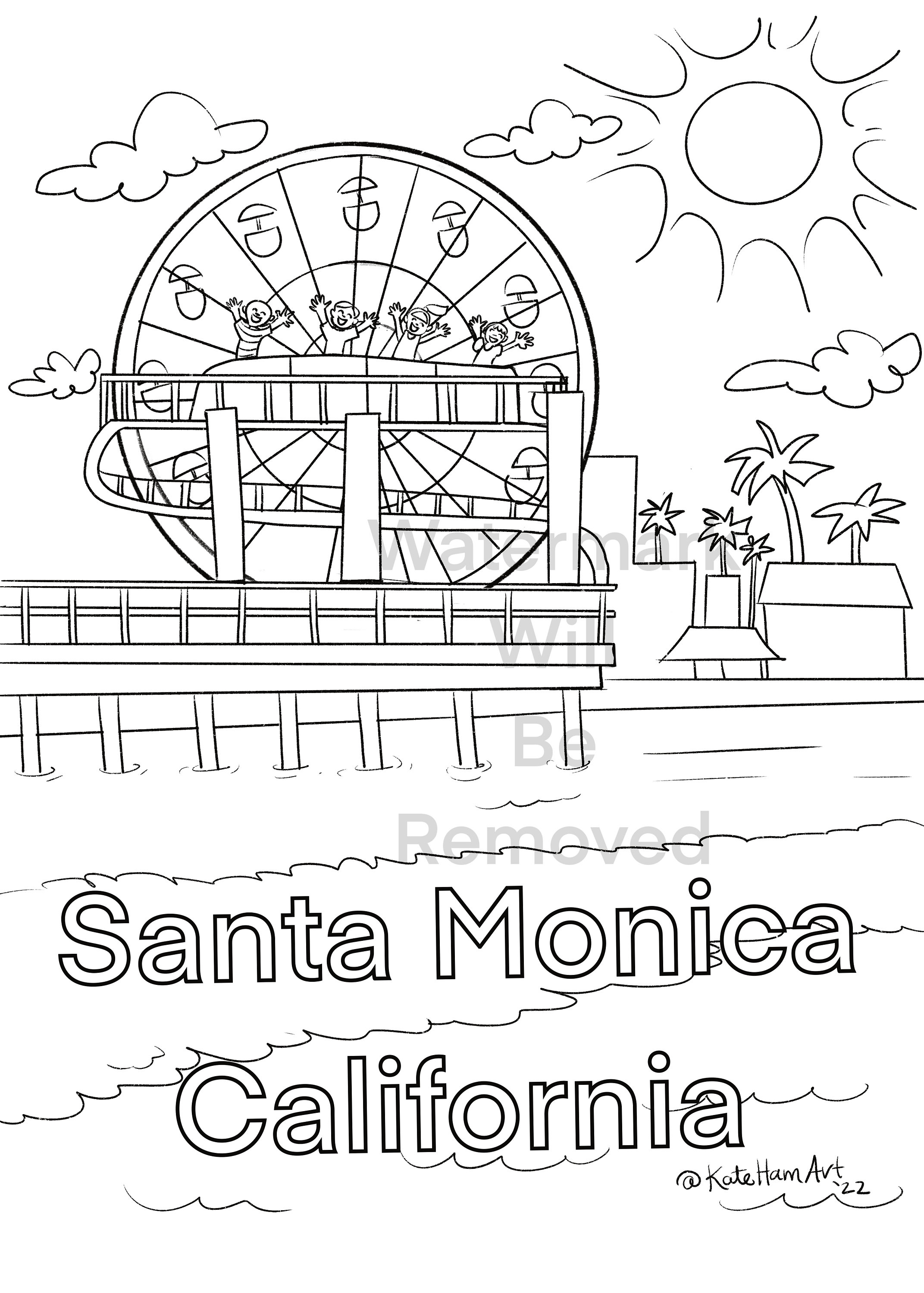 Santa monica instant download coloring page for kids california beach vacation printable activity sheet