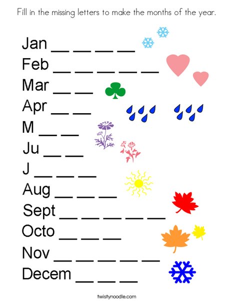 Fill in the missing letters to make the months of the year coloring page