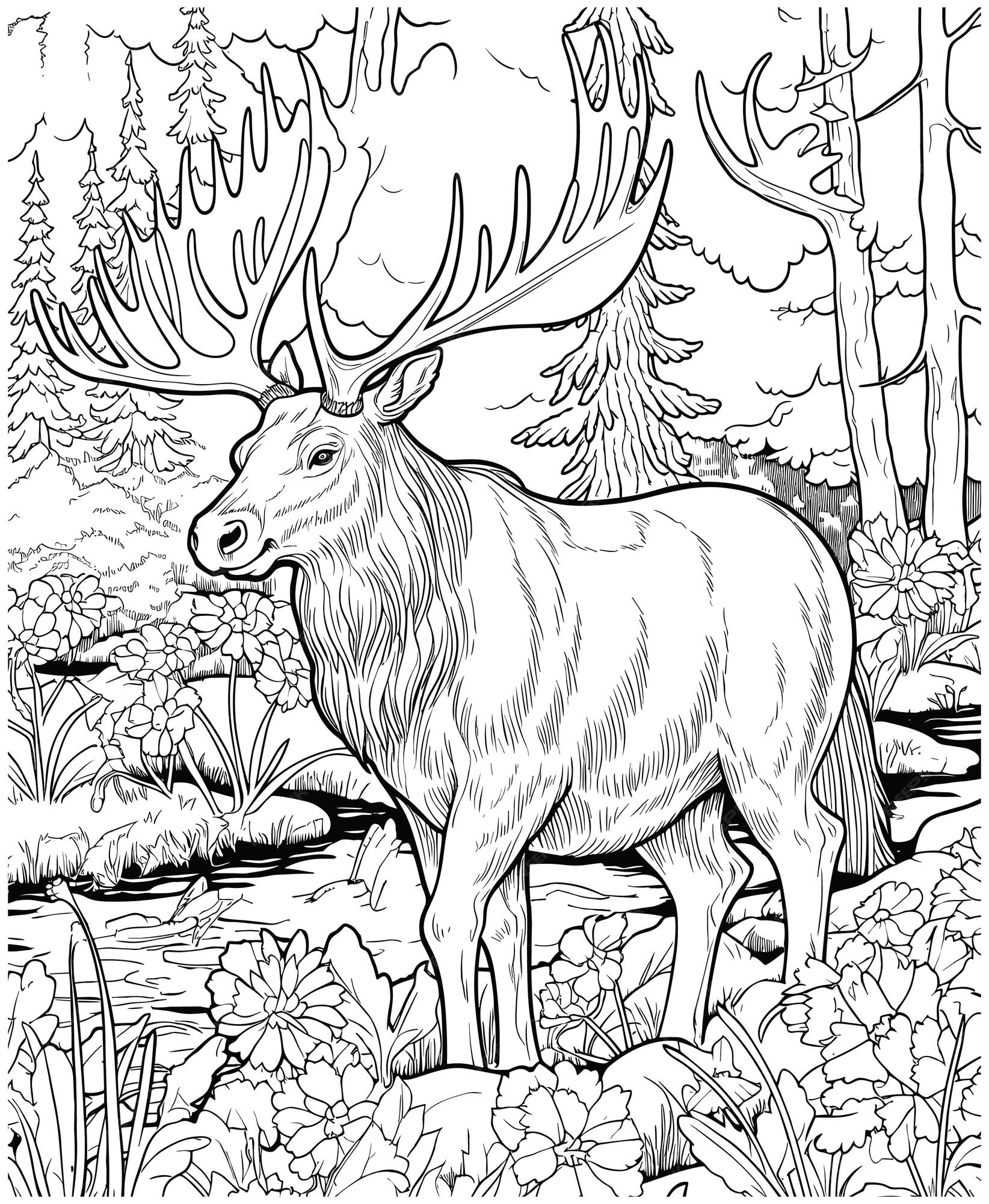 Premium vector moose jungle coloring pages