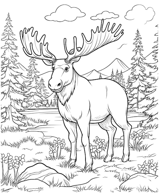 Premium vector moose jungle coloring page for adults