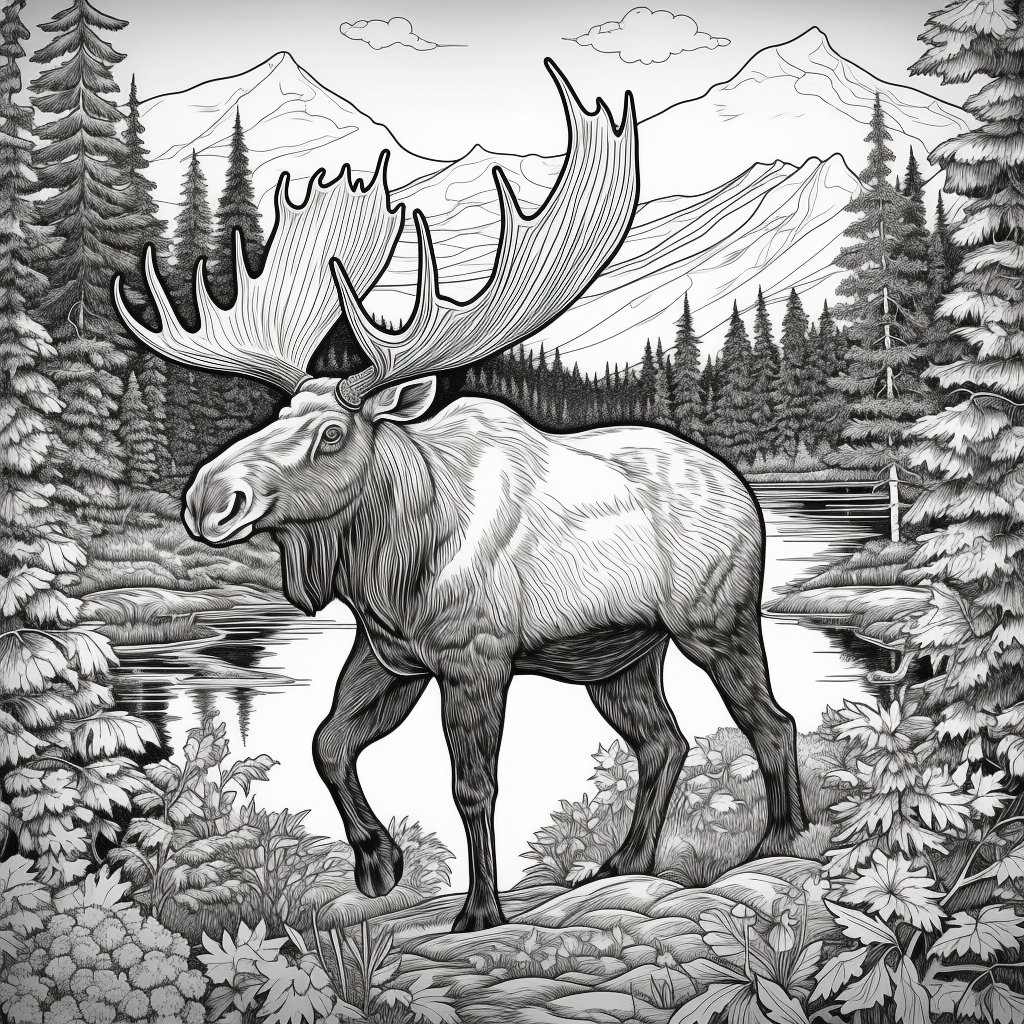 Majestic bull moose downloadable coloring page for teensadults near a rivermountainstrees x