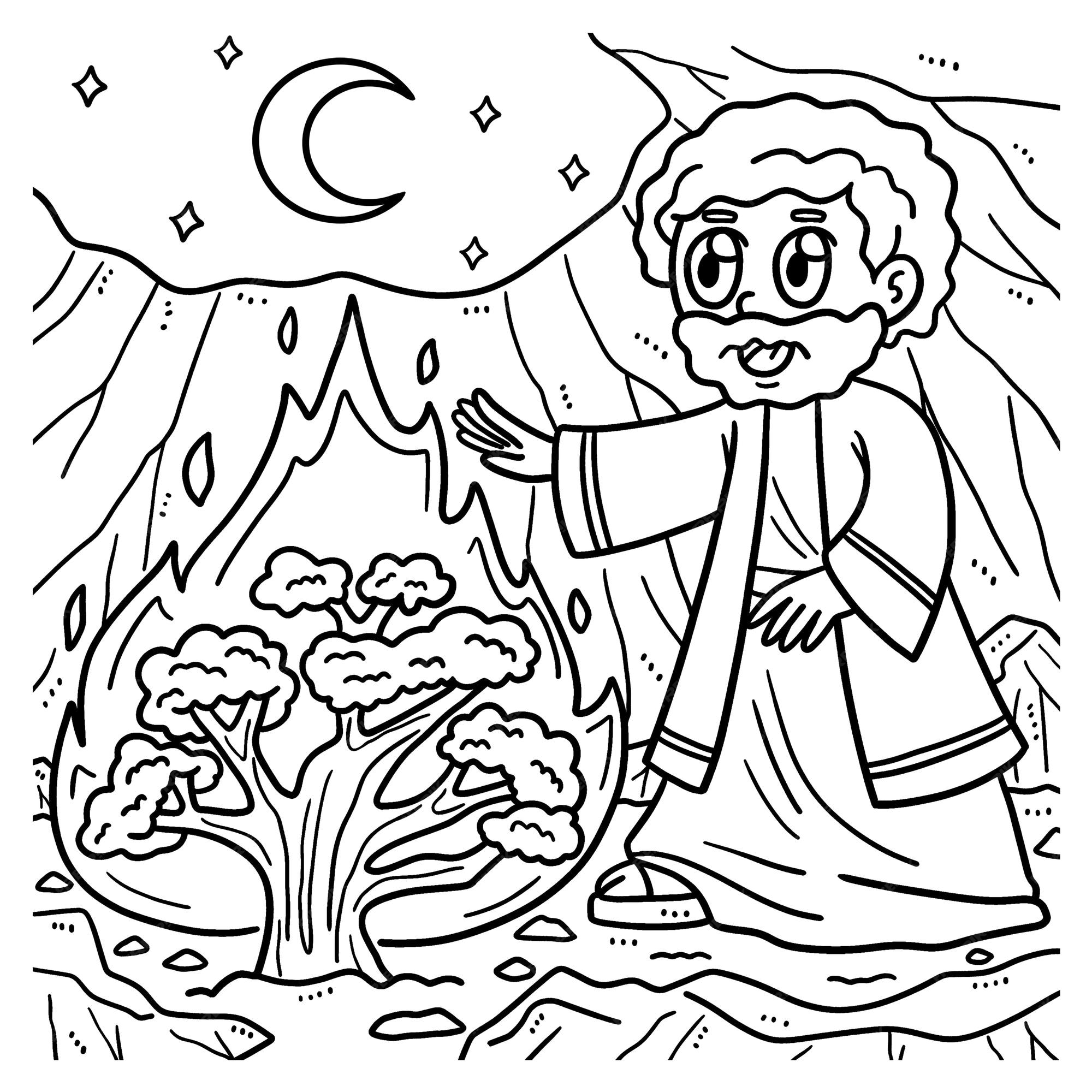 Premium vector christian moses and the burning bush coloring page