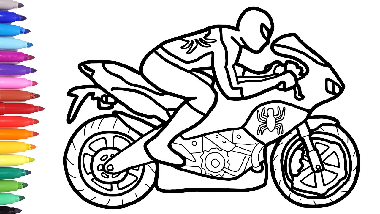 Spiderman motorcycle coloring pages superheroes motorbike bike coloring video for kids
