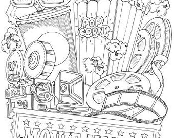 Movie night printable adult coloring page from favoreads coloring book pages for adults and kids coloring sheets colouring designs