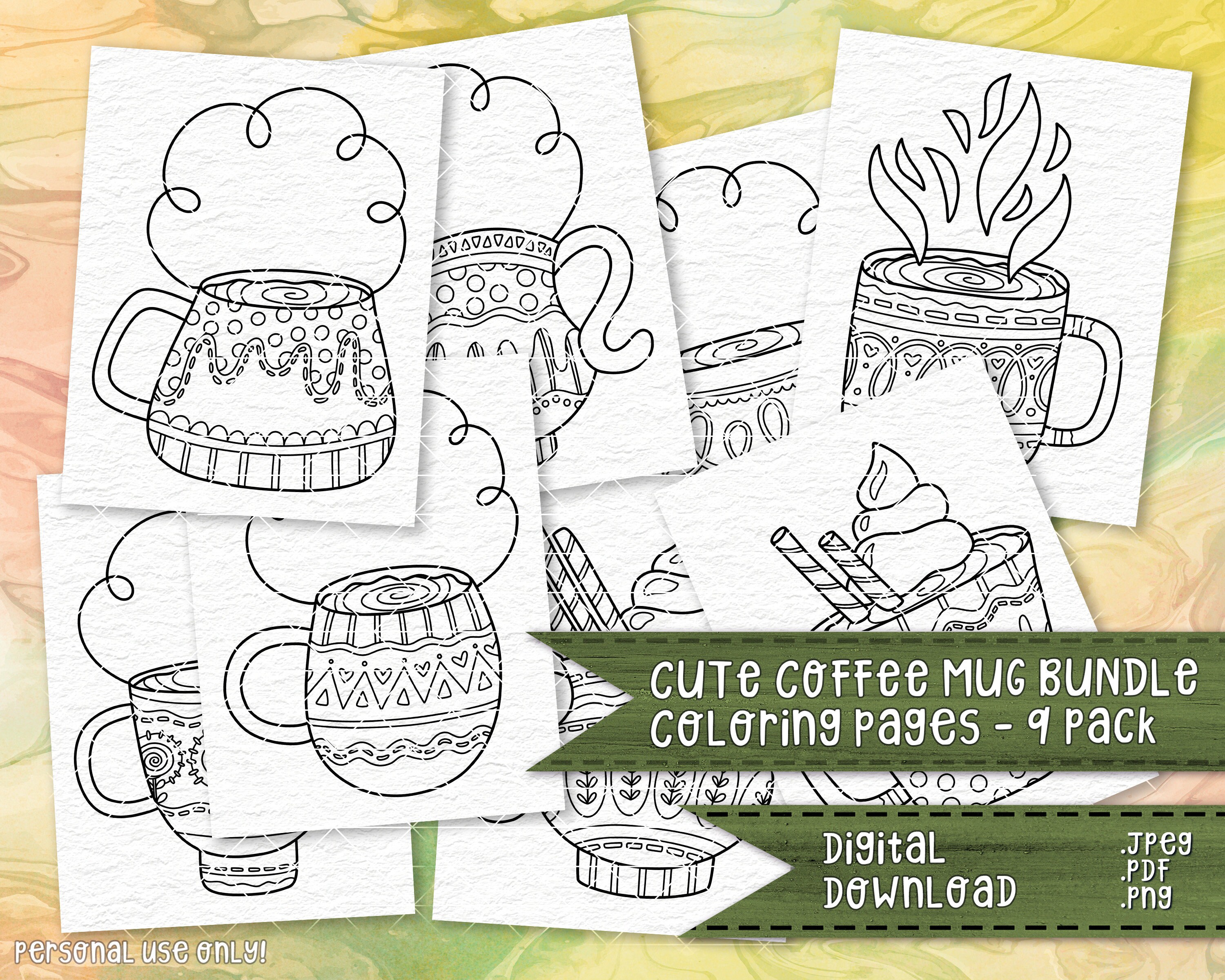 Coffee mug cute coloring pages pack coffee mugs coloring pages digital download file png jpeg pdf