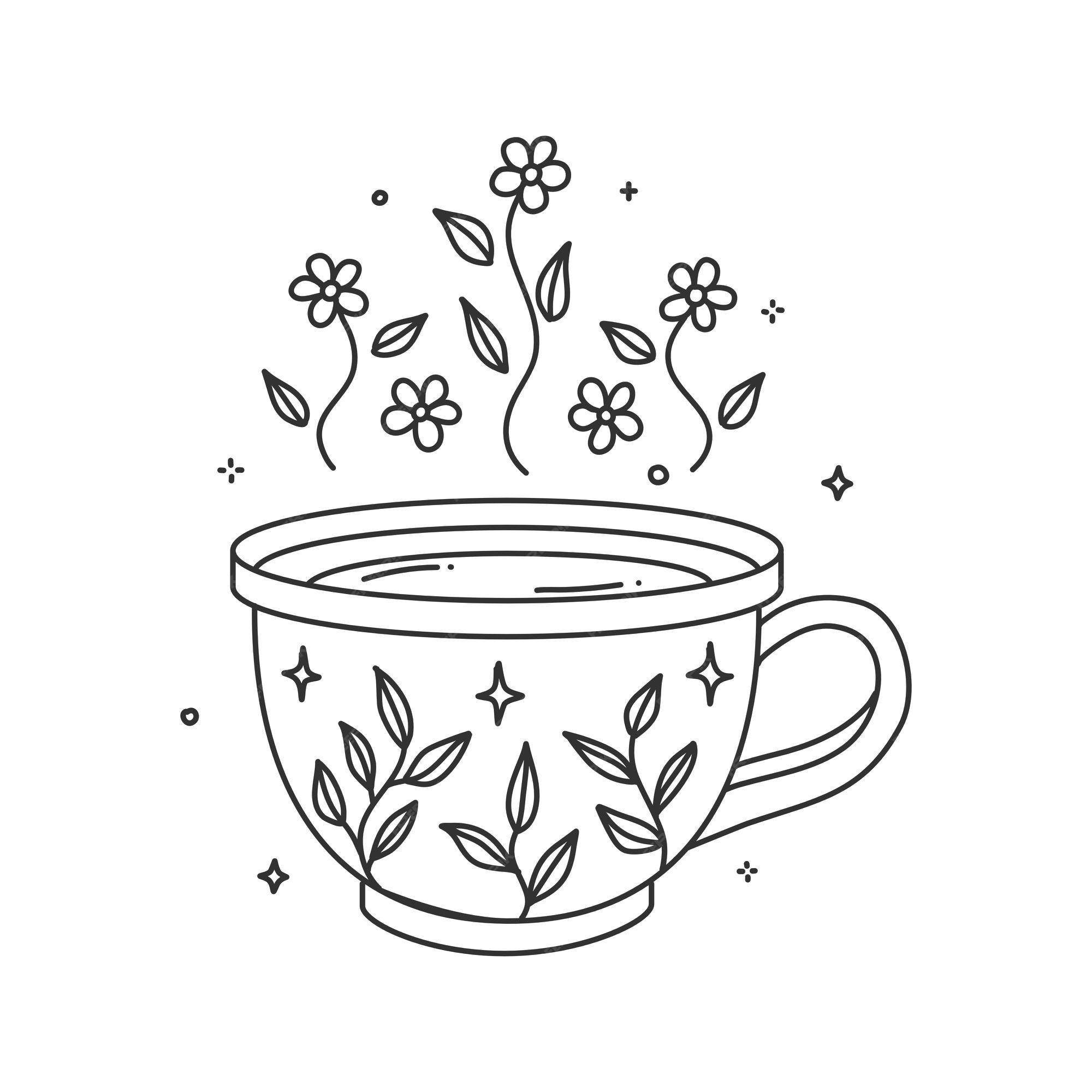 Premium vector coloring book pages hygge cups tea or cozy coffee mug with floral pattern and different flowers plant ornaments art print elements illustration