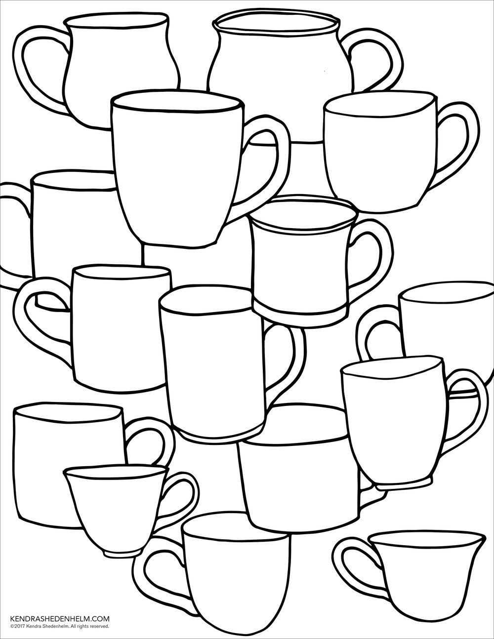 Free coloring page of mugs and cups for coloring and decorating copyright kendra shedenhelm â kendra shedenhelm