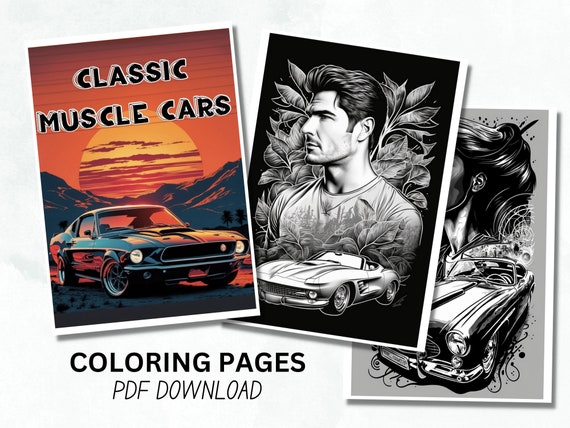 Pages classic muscle cars coloring pages men instant download grayscale coloring page printable pdf gift