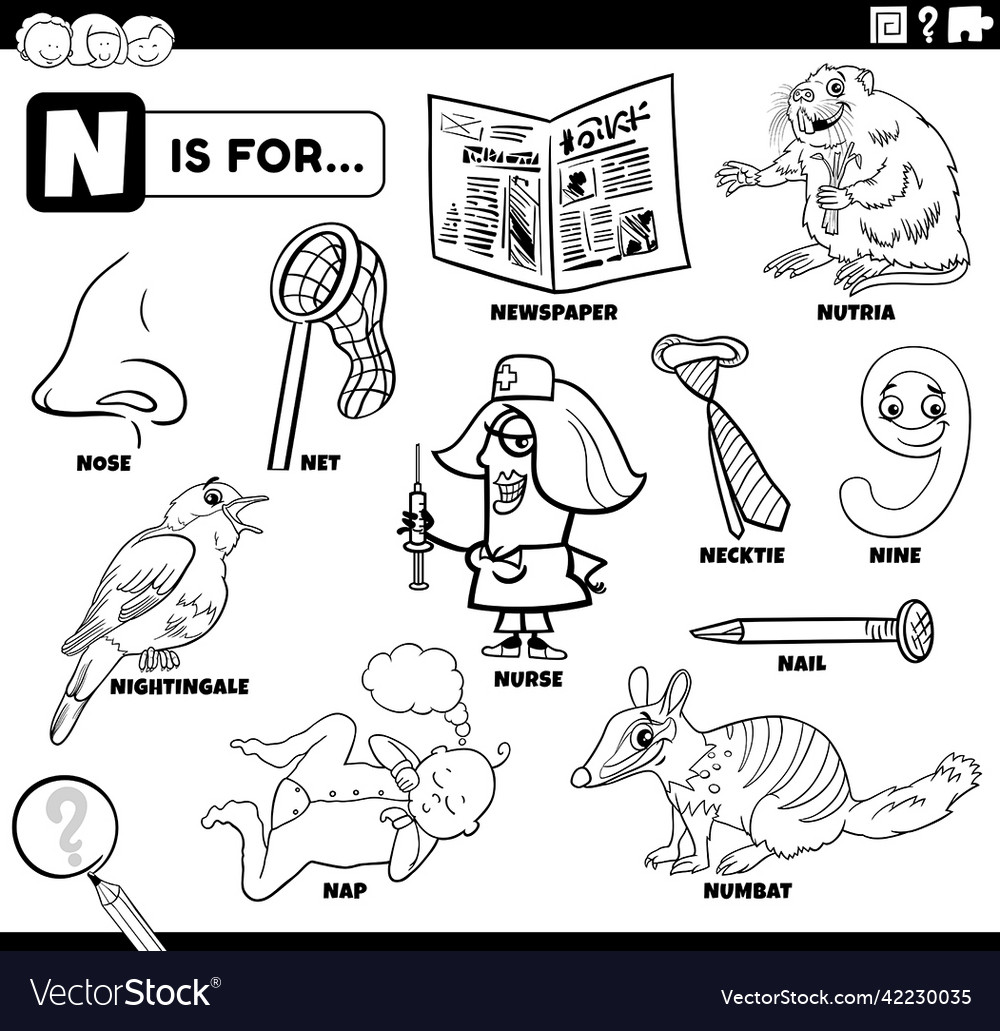 Letter n words educational set coloring book page vector image