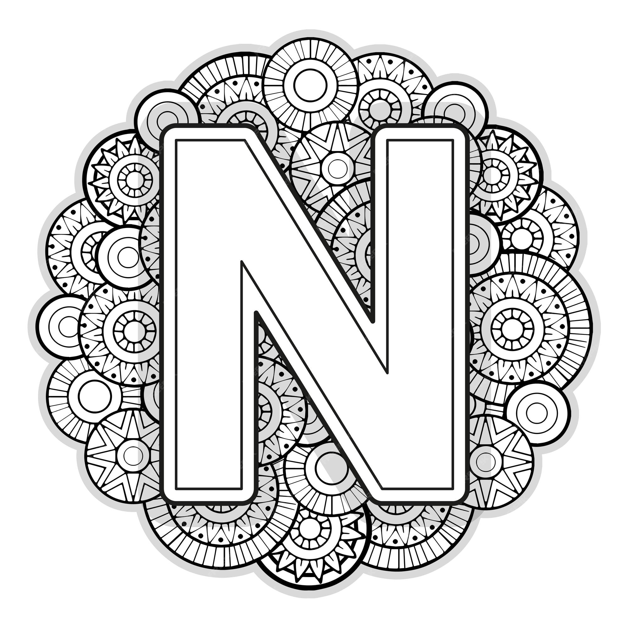 Premium vector vector coloring page for adults contour black and white capital english letter n on a mandala background