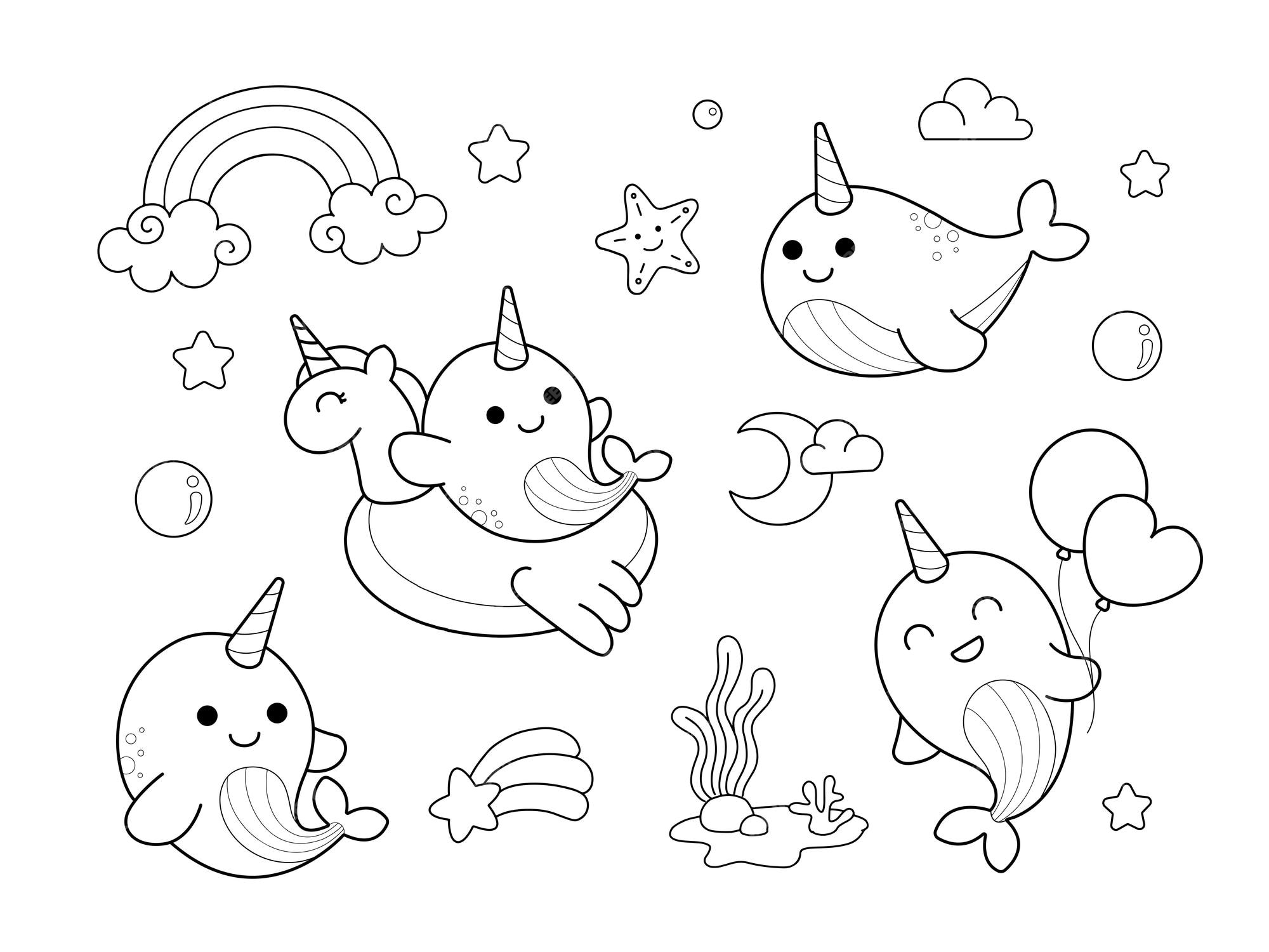 Premium vector cute narwhal unicorn sea drawing coloring page illustration