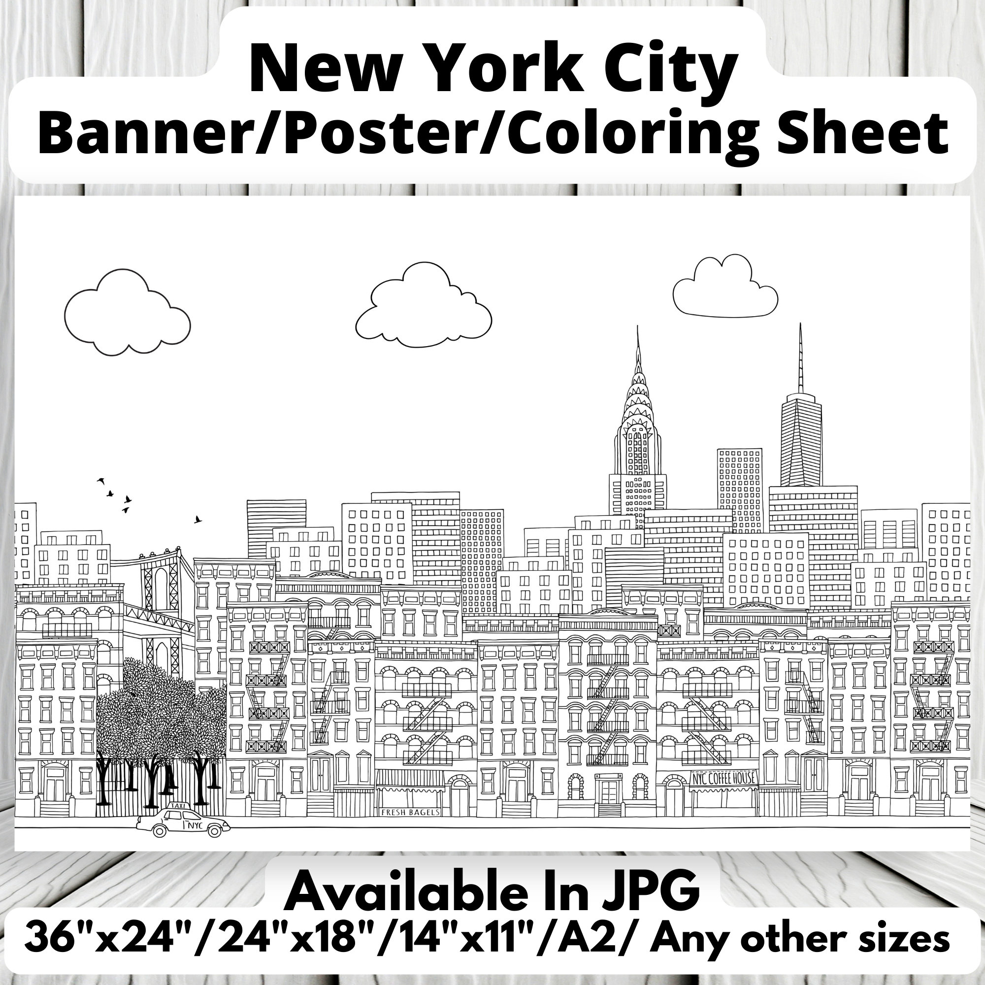 New york city coloring sheet printable for adults kidshand drawn illustration black whiteposter banner coloring pageinstant download