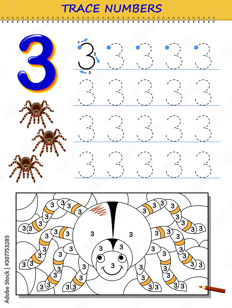 Vecteur educational page for kids with number printable worksheet for children textbook developing skills of counting writing and tracing baby coloring book back to school vector image