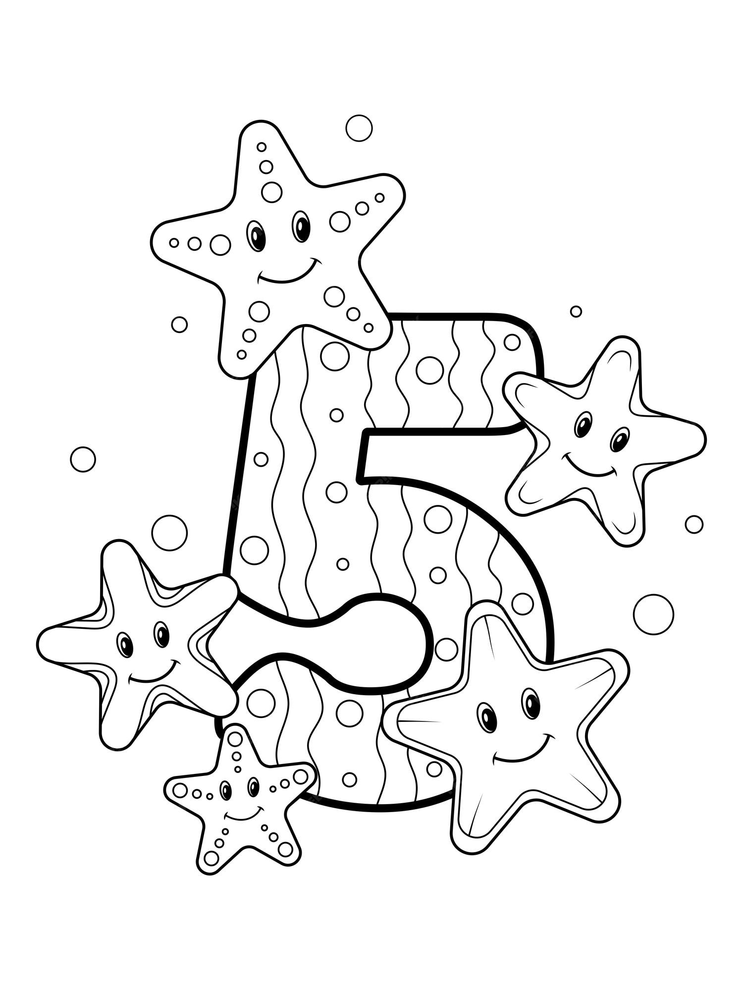 Premium vector coloring page numbers education and fun for childrens printable worksheet five and starfish