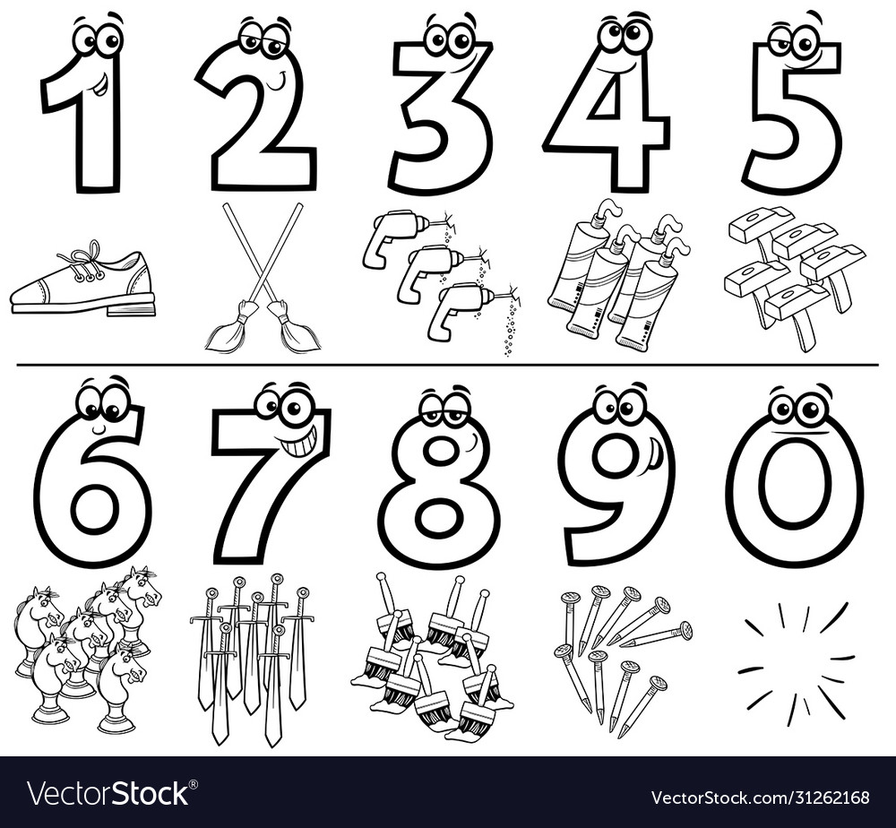 Cartoon numbers set coloring book page royalty free vector