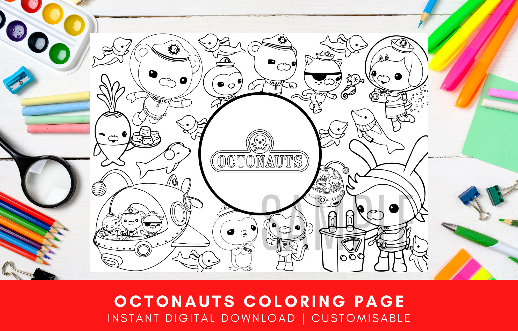 Octonauts kids happy birthday digital personalisable placemat childrens party bag filler printable colouring pages digital decorations download now