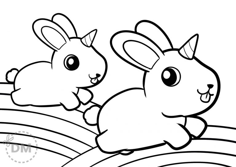 Cute rabbit and unicorn friends coloring page