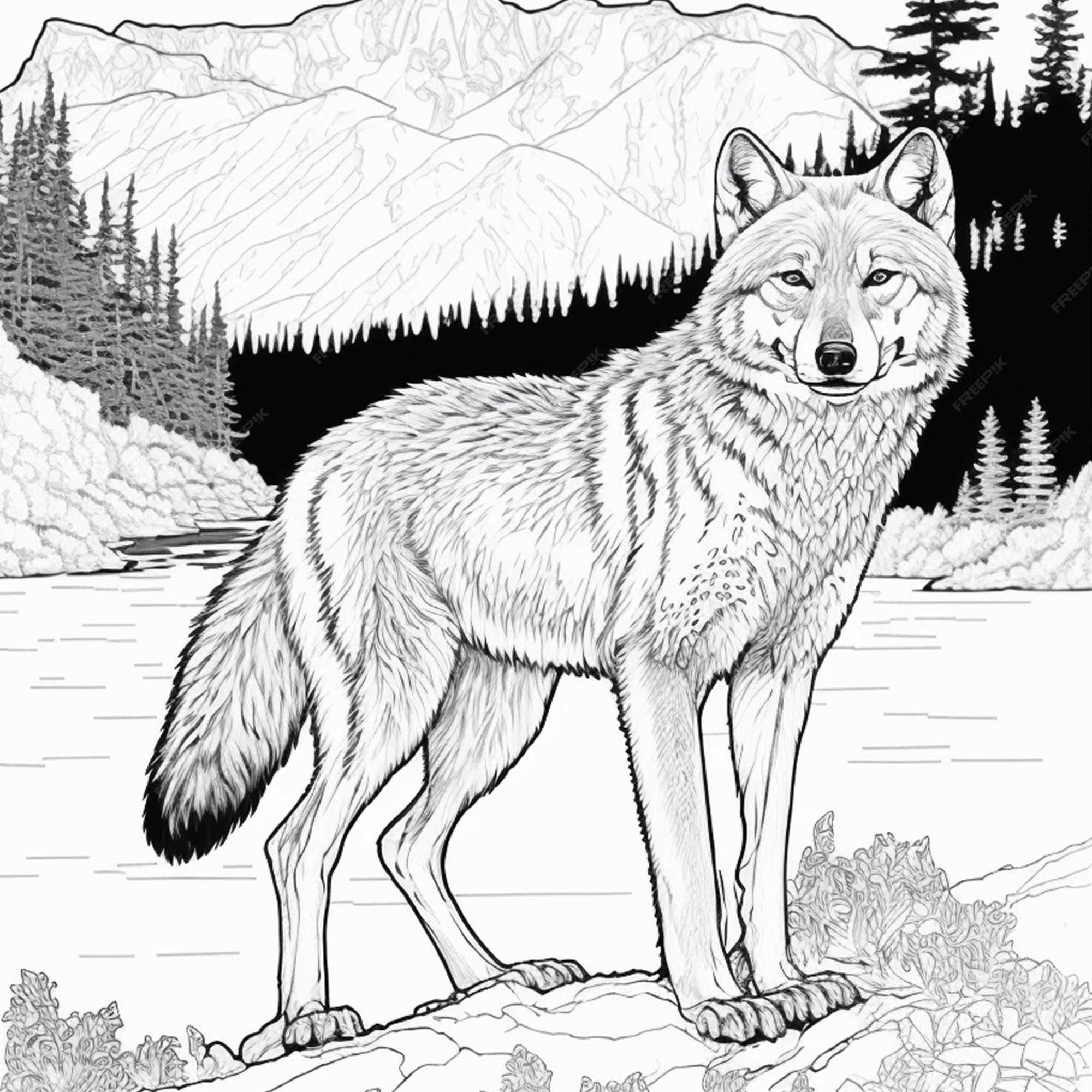 Premium photo wolf coloring page black and white for coloring book