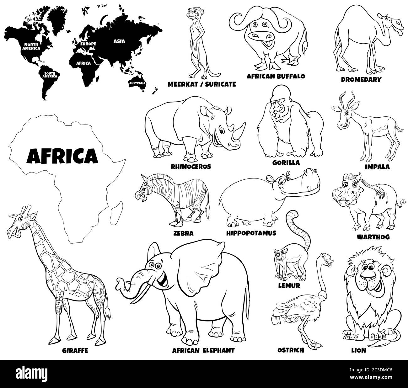 Educational illustration of african animals color book page stock photo