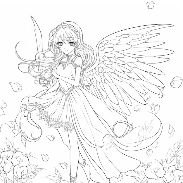 Premium ai image coloring pages of anime characters with wings and flowers generative ai