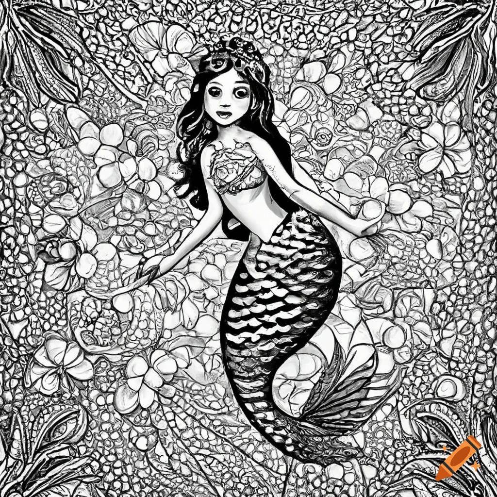 Black and white coloring page of a beautiful mermaid on