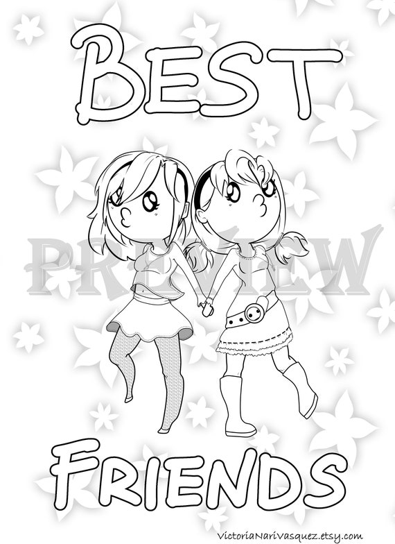 Oo best friends chibi coloring page instant download