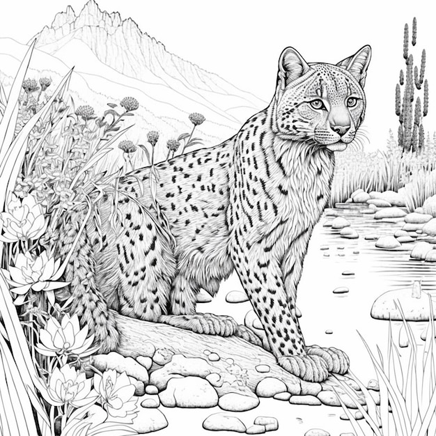 Premium photo big cat coloring page black and white for coloring book