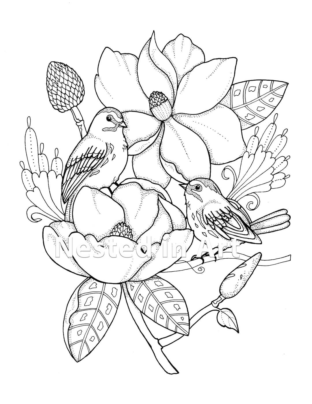 Punch needle pattern coloring book page birds with magnolias original art digital download