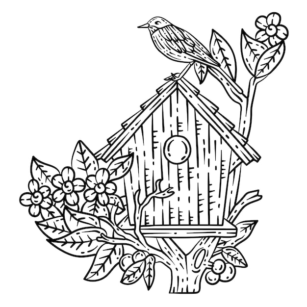 Premium vector bird house spring coloring page for adults