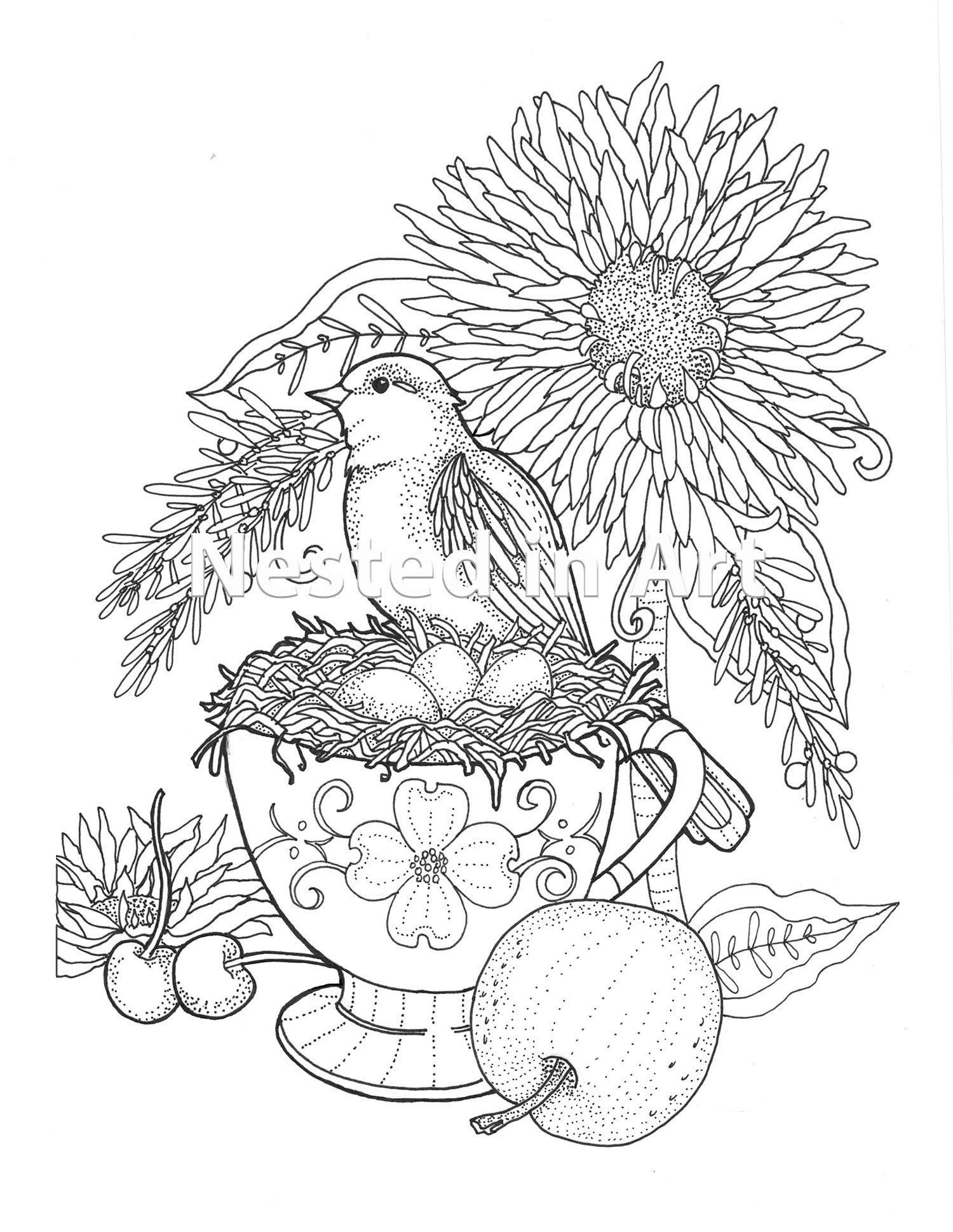 Adult coloring page bird on teacup digital download