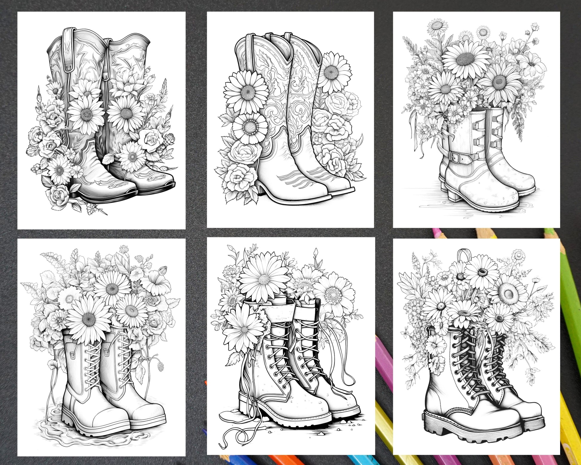 Flower boots coloring pages printable for adults floral grayscale â coloring