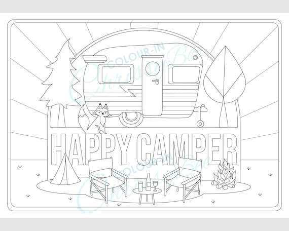Printable camping coloring page happy camper retro rv activity sheet colouring for adults and kids a and letter format