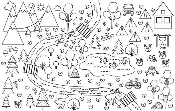 Black and white camping map summer camp background vector nature clip art infographic outline elements or coloring page with mountains forest river bike cable car hiking or campfire plan stock illustration