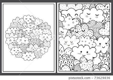 Coloring pages set with cute clouds doodle