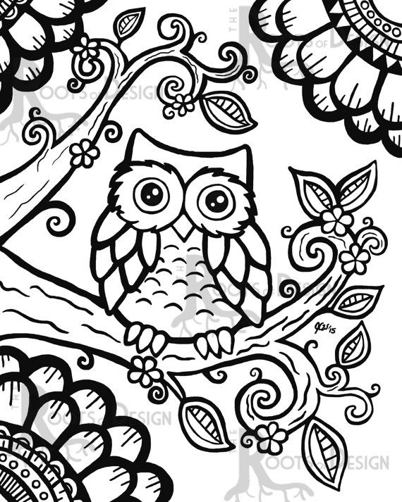 Instant download coloring page cute owl zentangle inspired doodle art printable