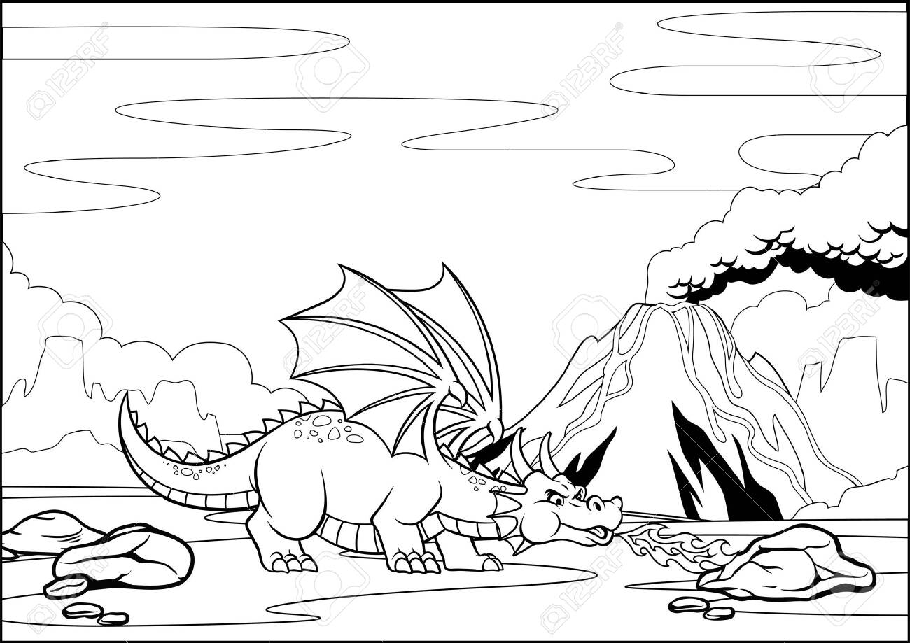 Coloring page of cartoon dragon breathing fire royalty free svg cliparts vectors and stock illustration image