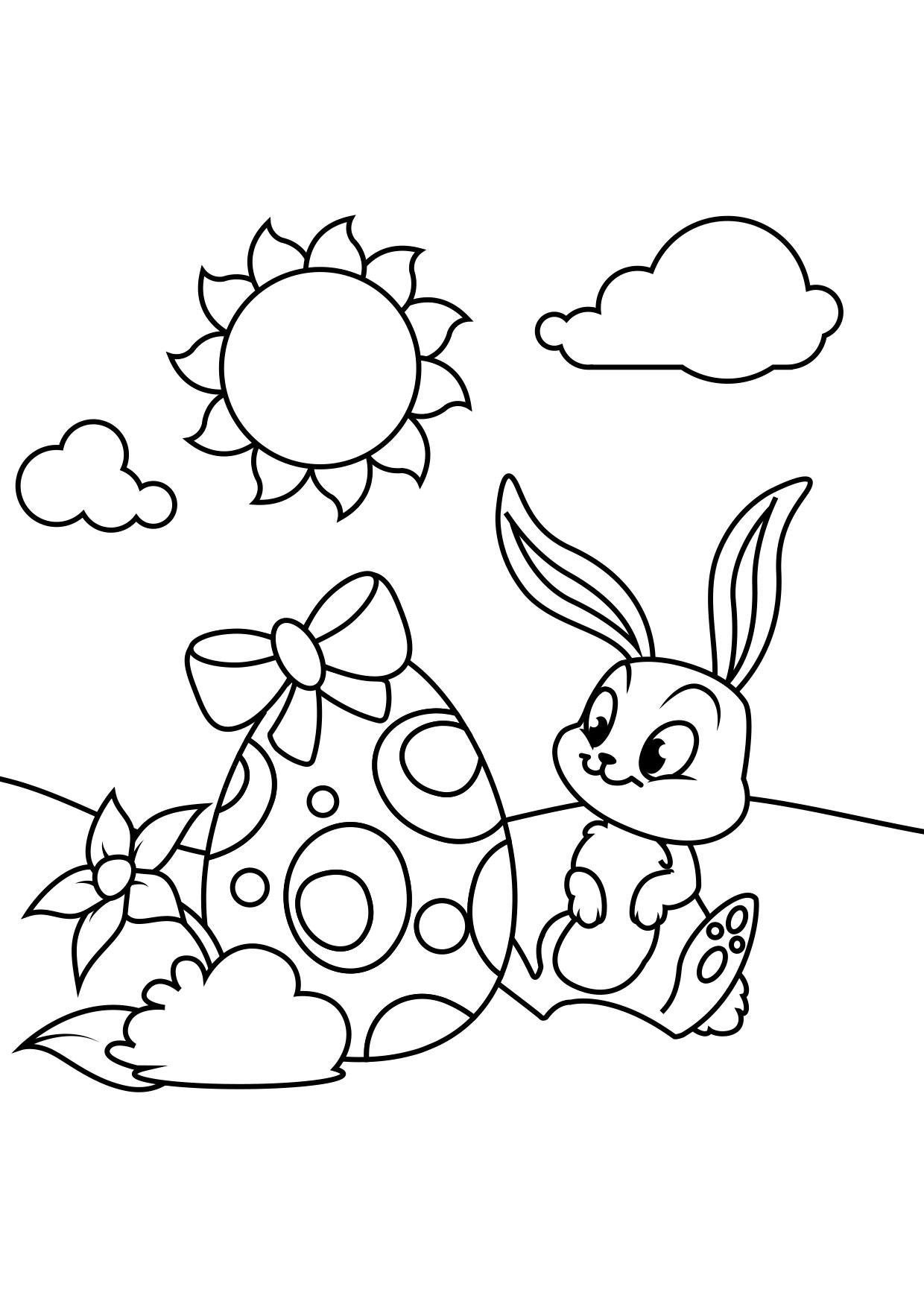 Coloring page easter bunny with easter egg in the garden