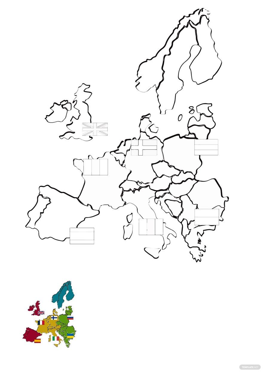 Free europe map with flag coloring page