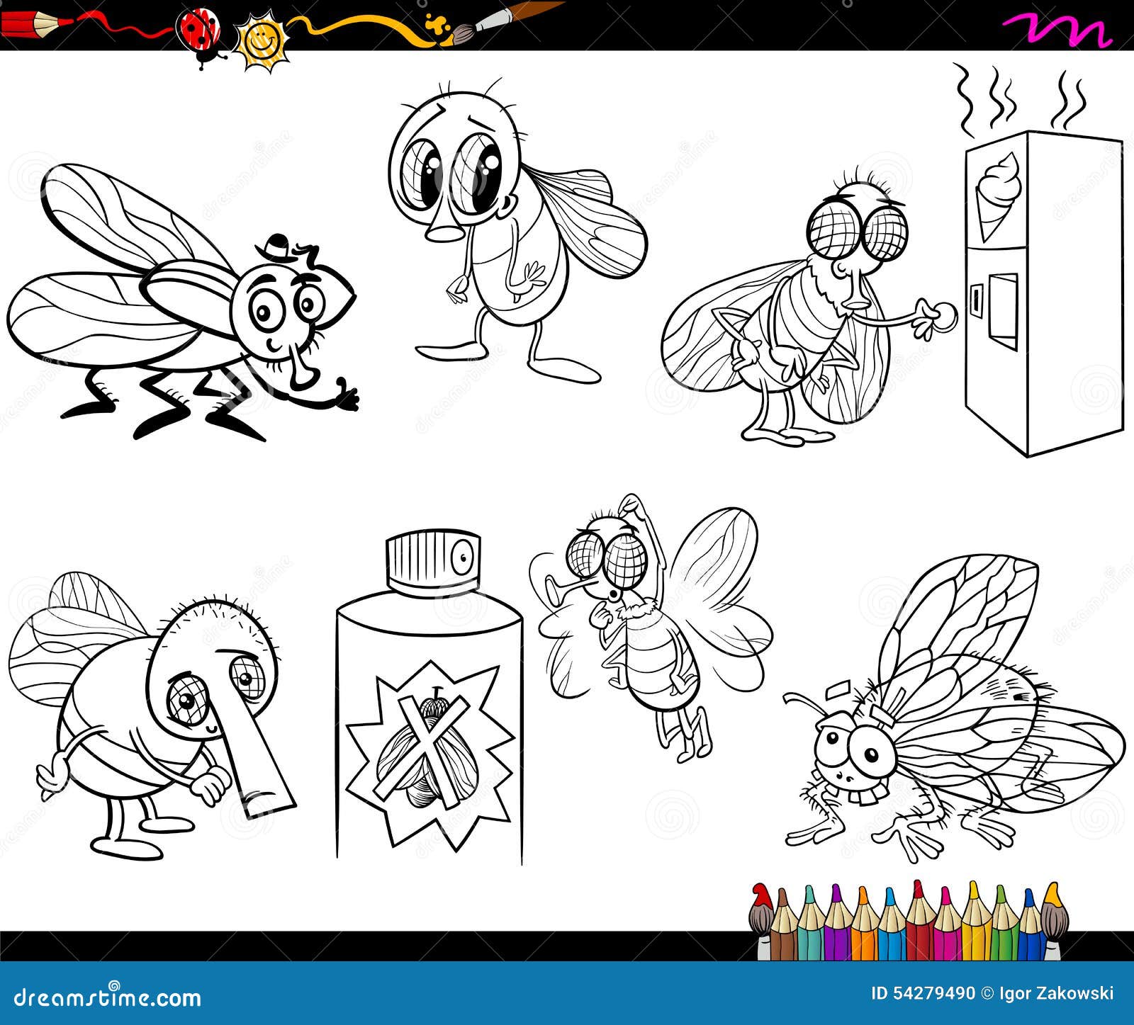 Flies set cartoon coloring page stock vector