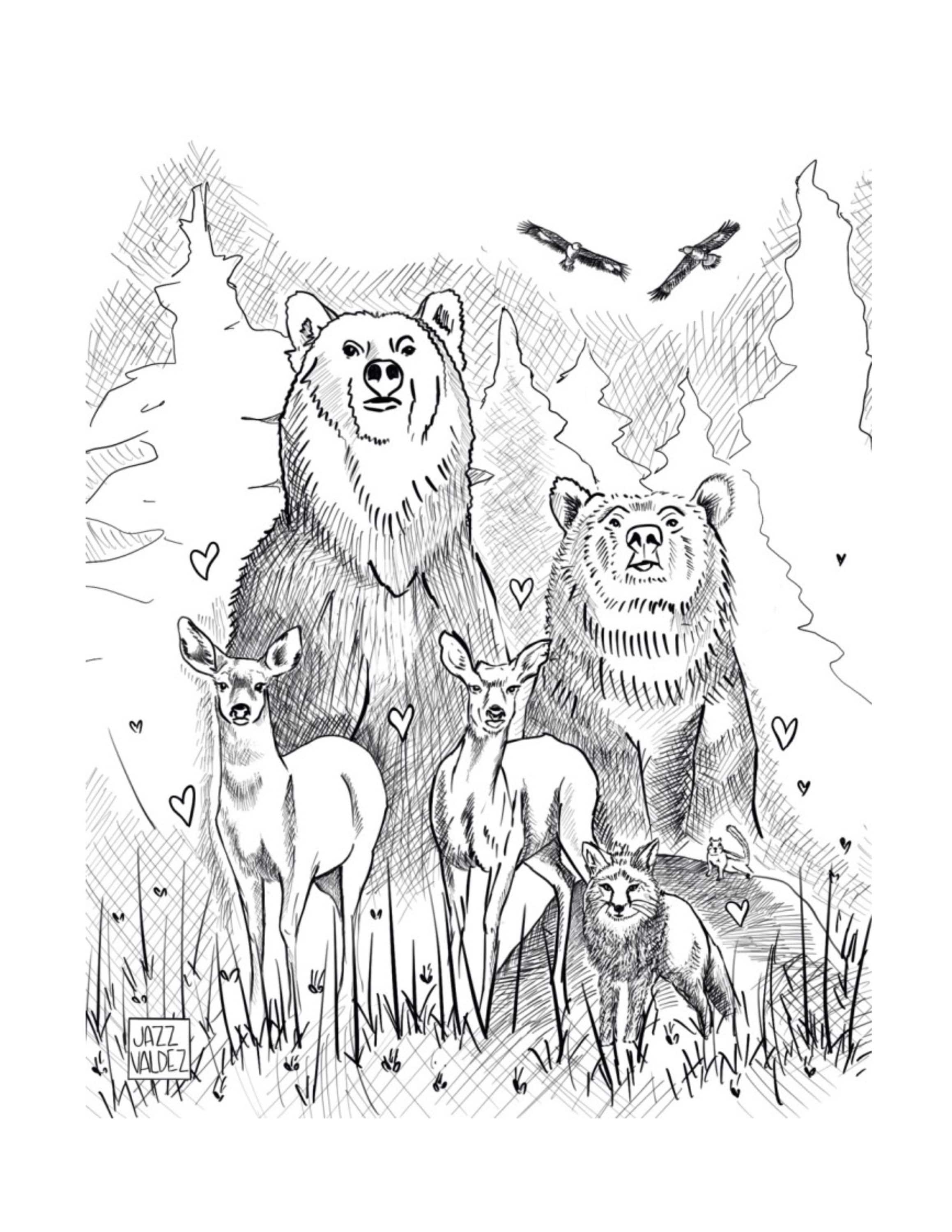 Bear deer fox forest animals of colorado coloring page printable illustration