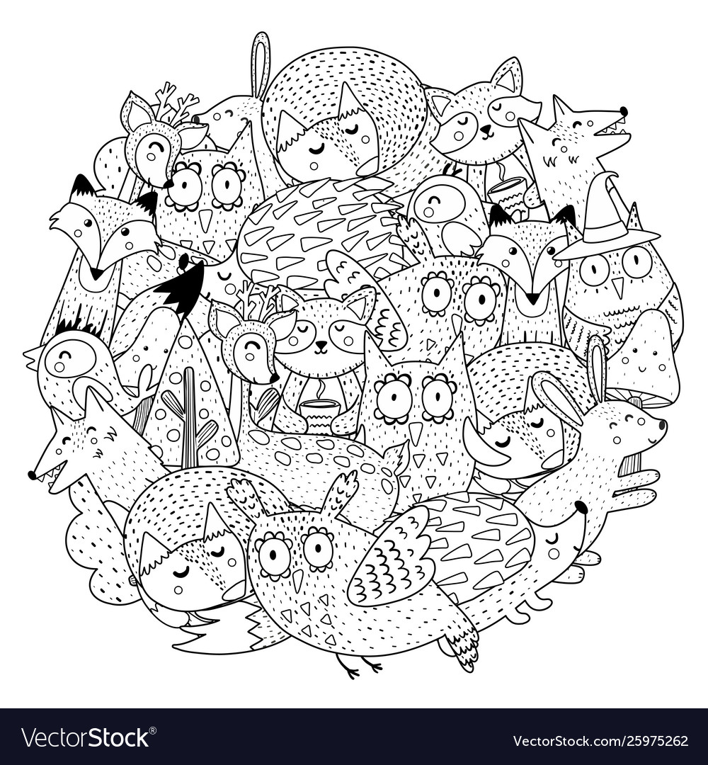 Fantasy forest animals circle shape coloring page vector image