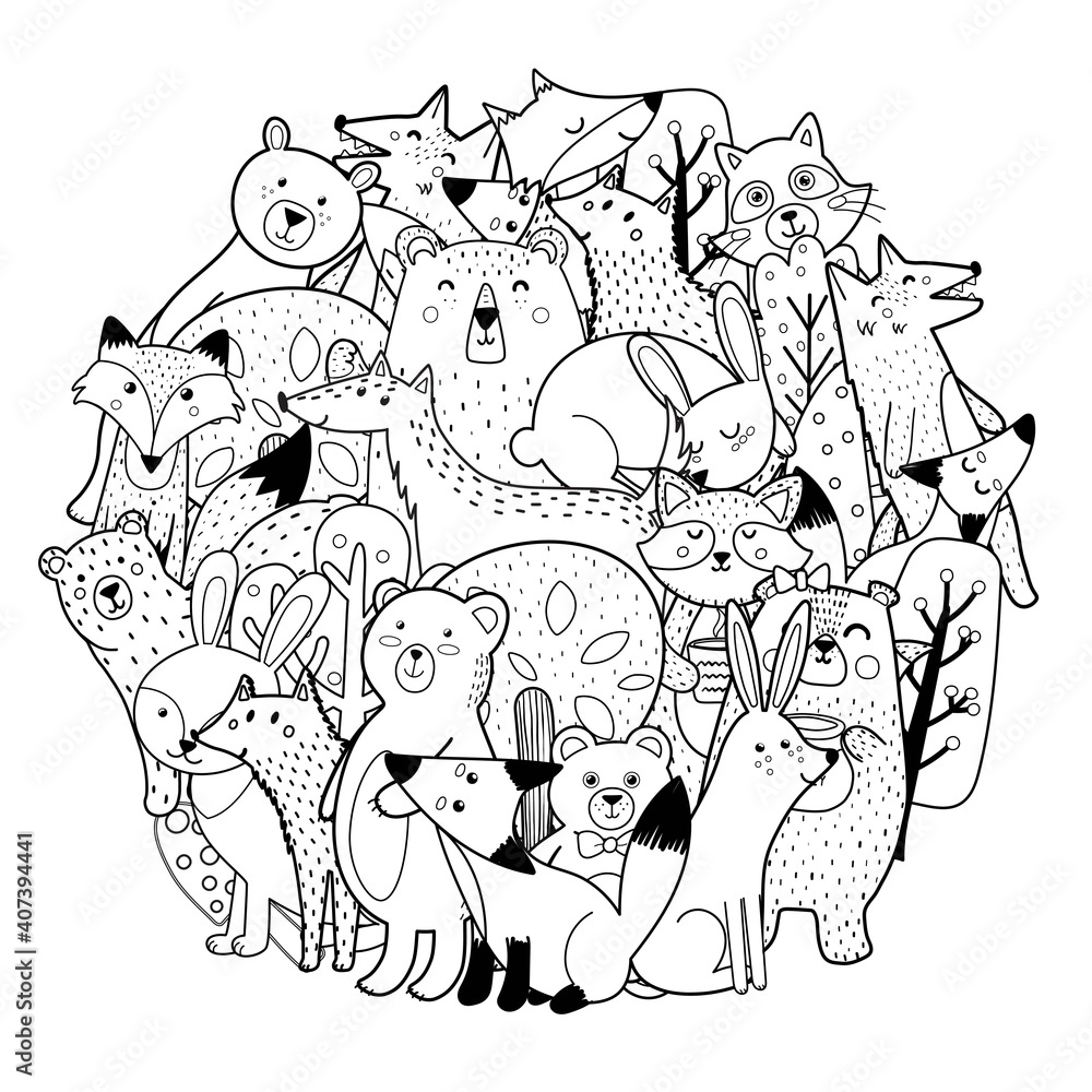 Circle shape coloring page with funny forest characters cute woodland animals black and white print template for coloring book vector illustration vector