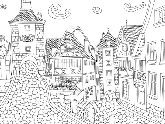 Rothenburg germany city travel coloring page adult coloring page printable coloring sheet for all ages