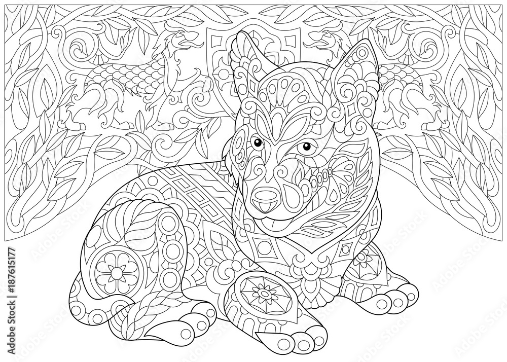 Coloring page adult coloring book siberian husky puppy alaskan malamute coat of arms with two heraldic dogs freehand sketch drawing with doodle and zentangle elements vector