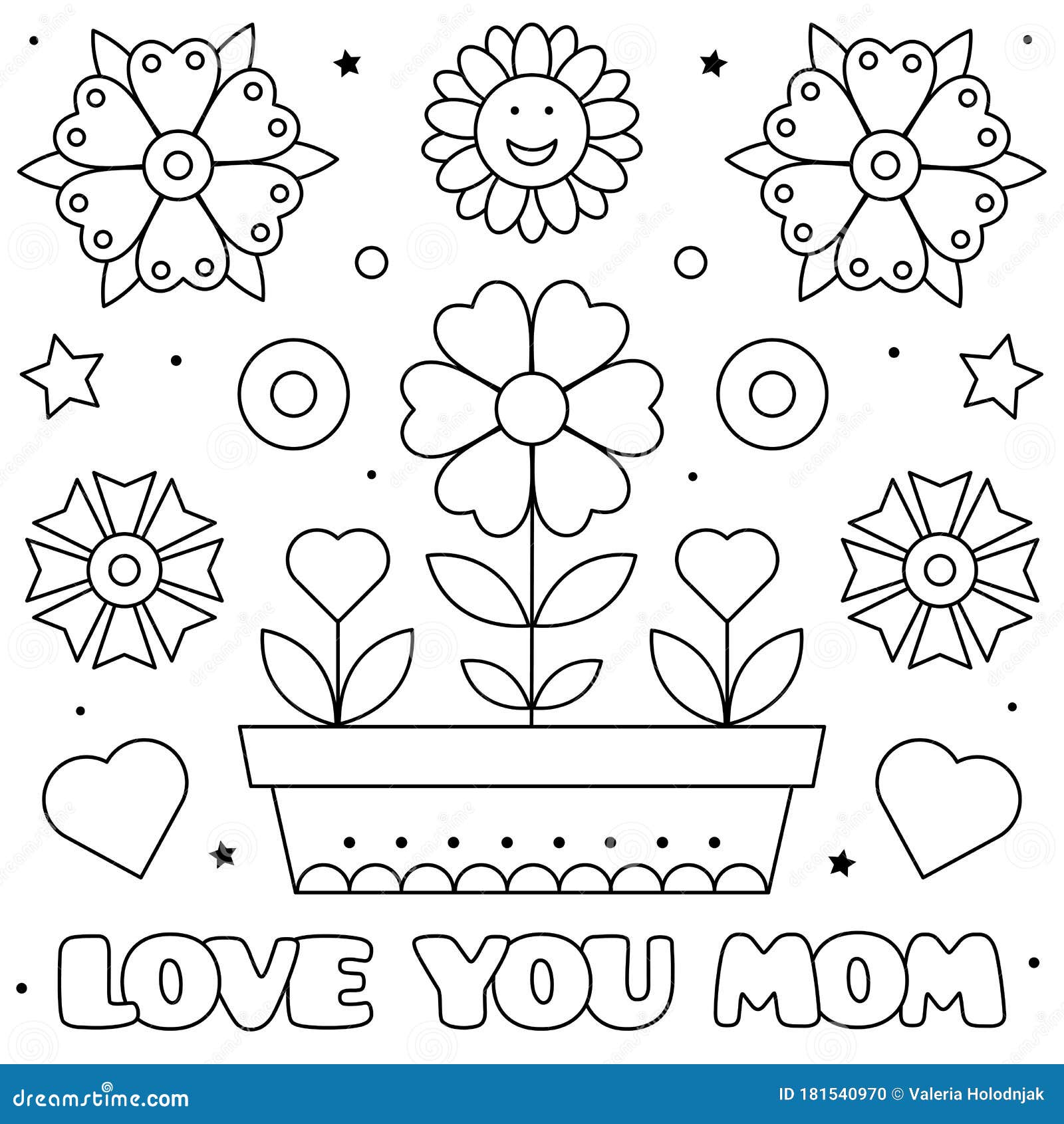 Love you mom coloring page vector illustration of flowers stock vector