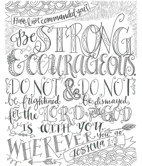 Joshua be strong and courageous bible verse printable hand drawn instant download adult coloring page
