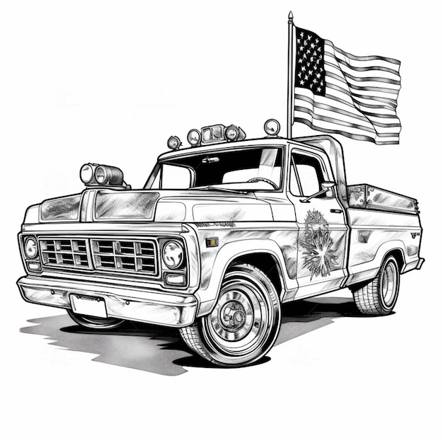 Premium ai image coloring pages of old trucks with american flag on the back generative ai